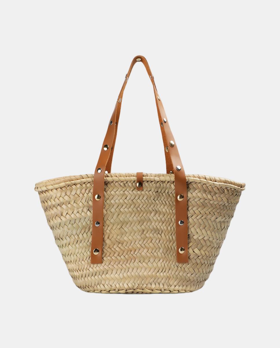 Mala Shopper de Ráfia Grande com Tachas Bege-2