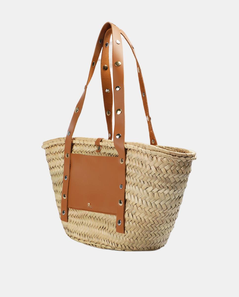 Mala Shopper de Ráfia Grande com Tachas Bege-3