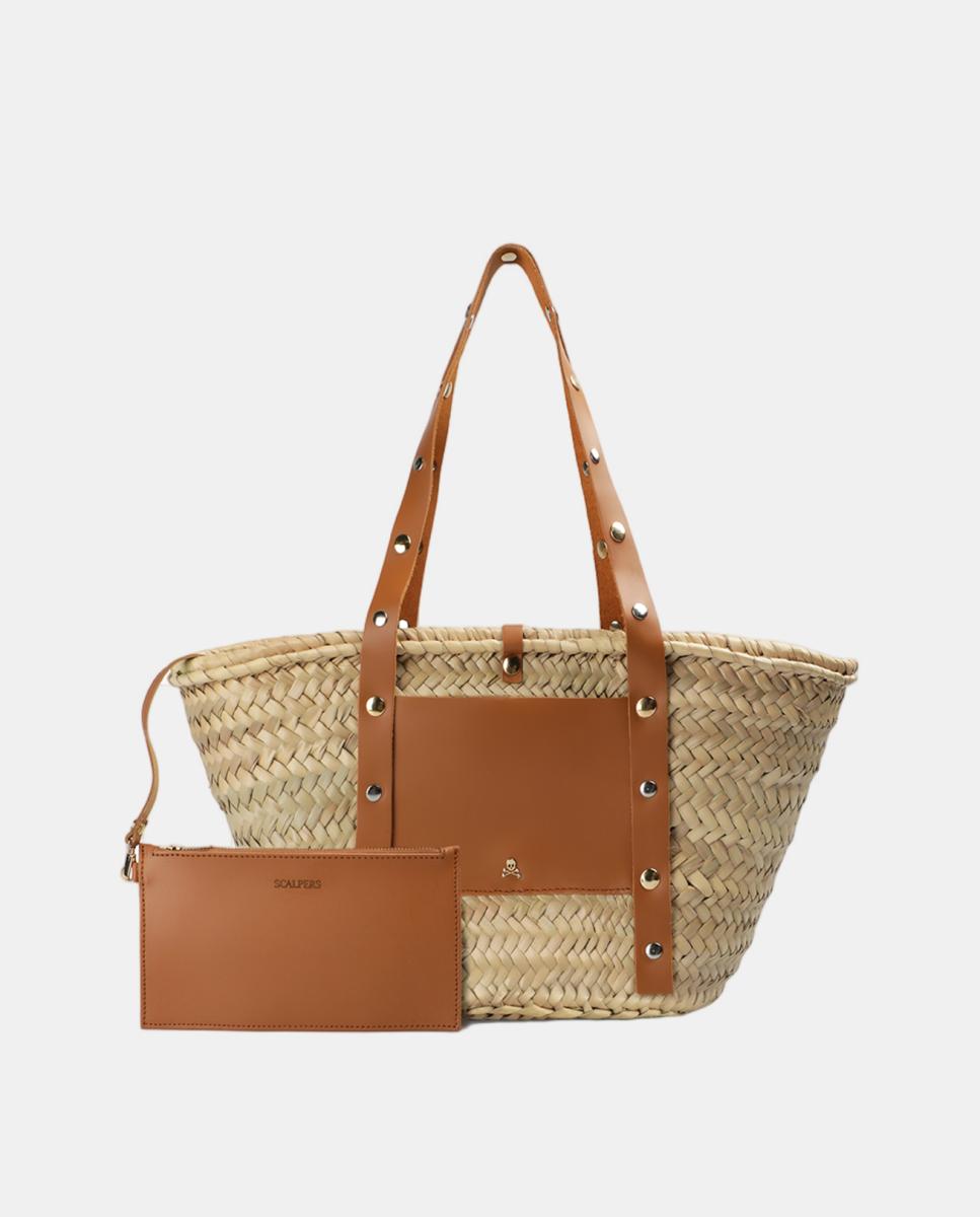Mala Shopper de Ráfia Grande com Tachas Bege-4