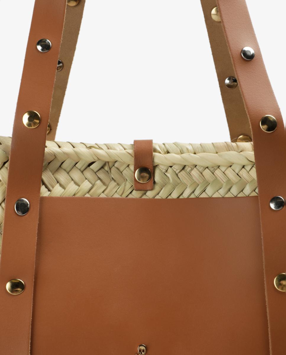 Mala Shopper de Ráfia Grande com Tachas Bege-5