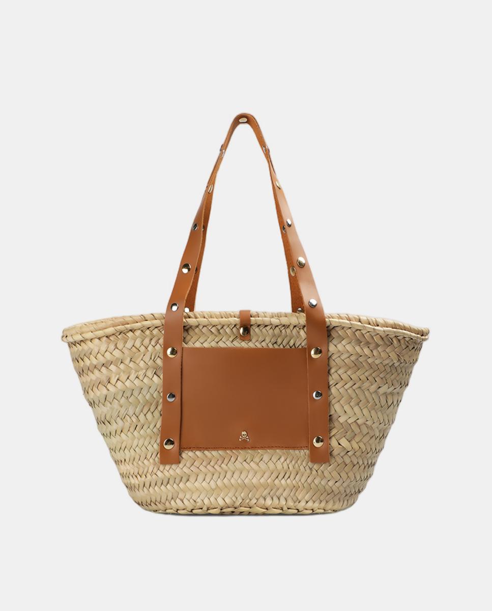 Imagen 1 de Bolso shopper de rafia tamaño medio con tachuelas - Scalpers - Beige Beige