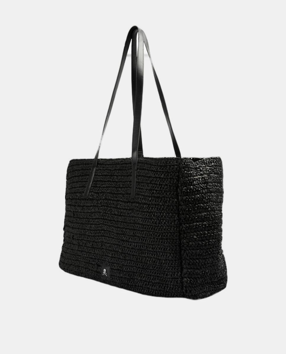Mala Shopper em Tecido de Papel Tamanho Grande com Caveira à Frente Preto-3