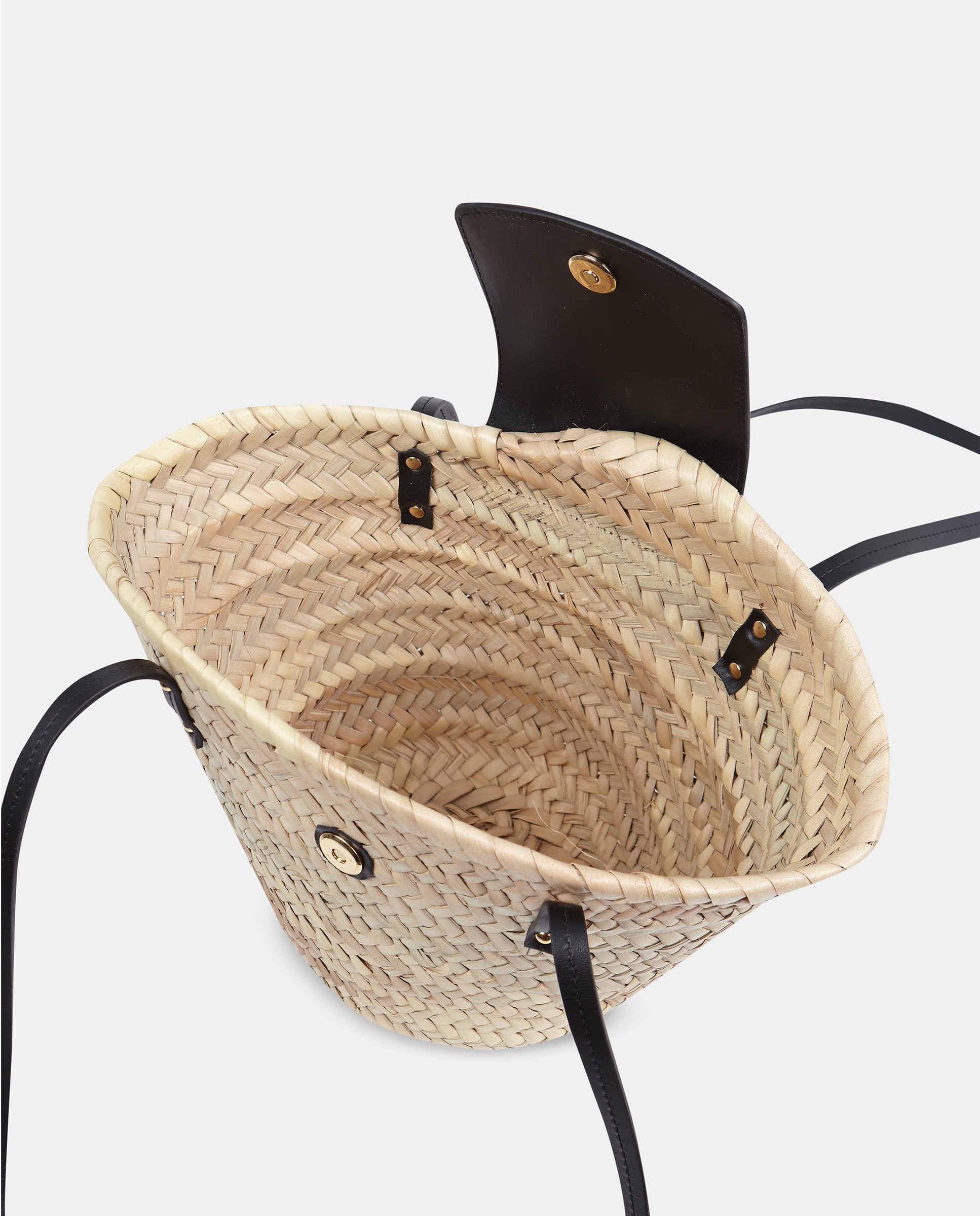 Cesta com Alças Compridas em Palma Natural e Pele Lisa Preto-3