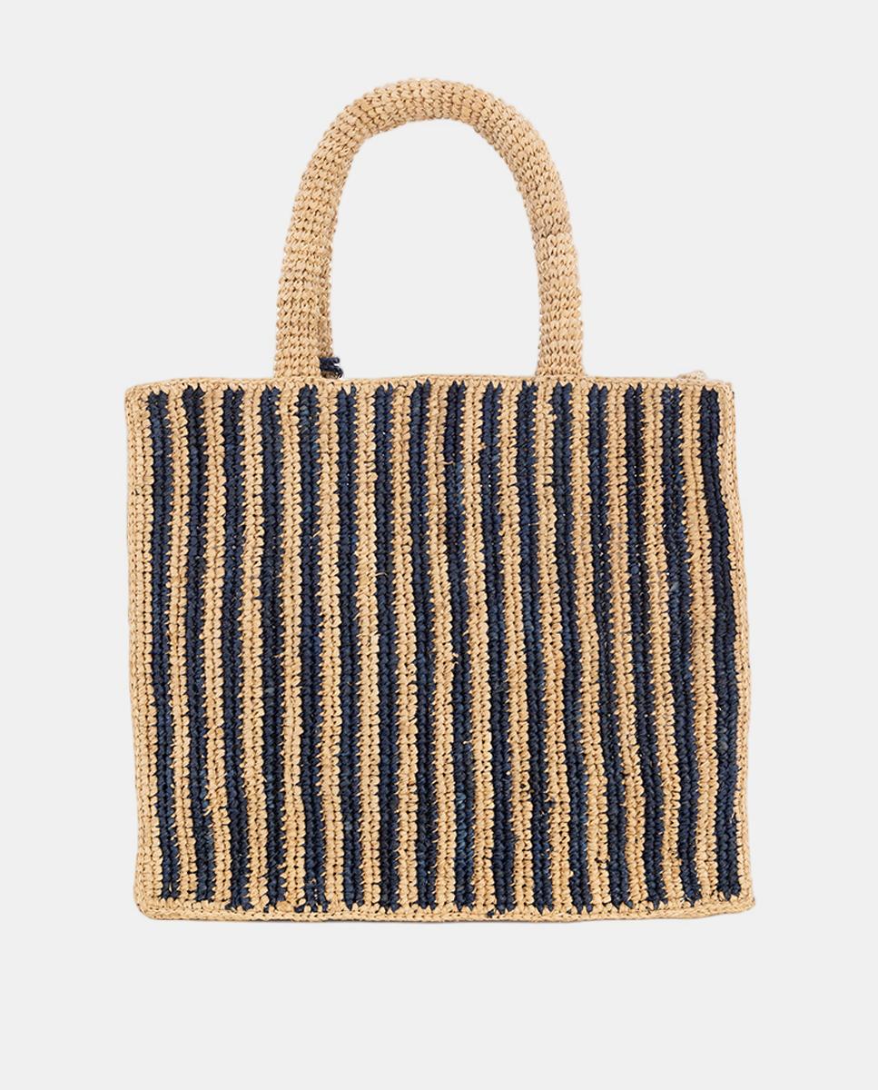 Mala de Ráfia Média às Riscas com Alças de Mão Azul-marinho-3