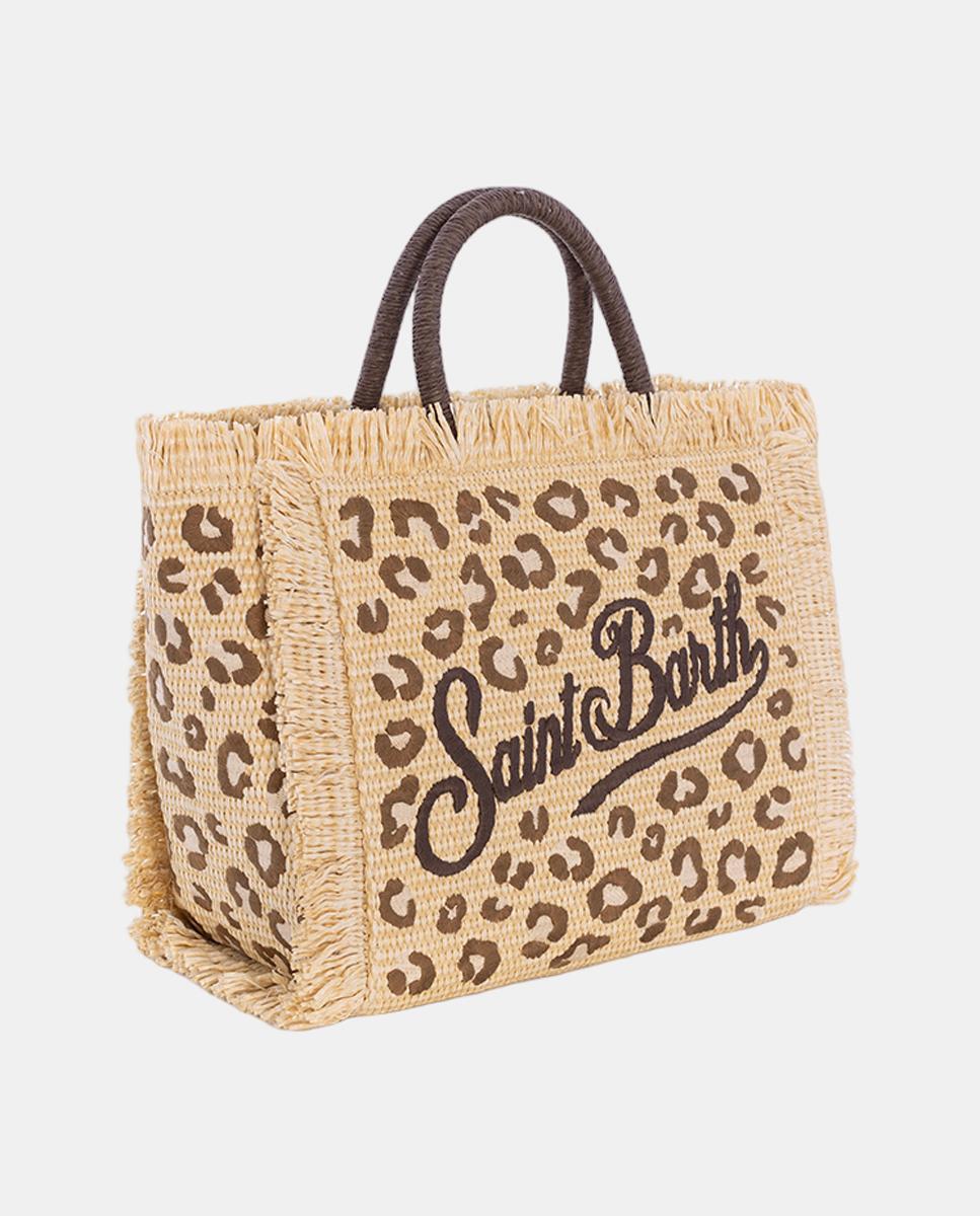 Mala de Mão Média com Alças em Tecido Straw Desfiado nos Extremos com Animal Print Castanho-2