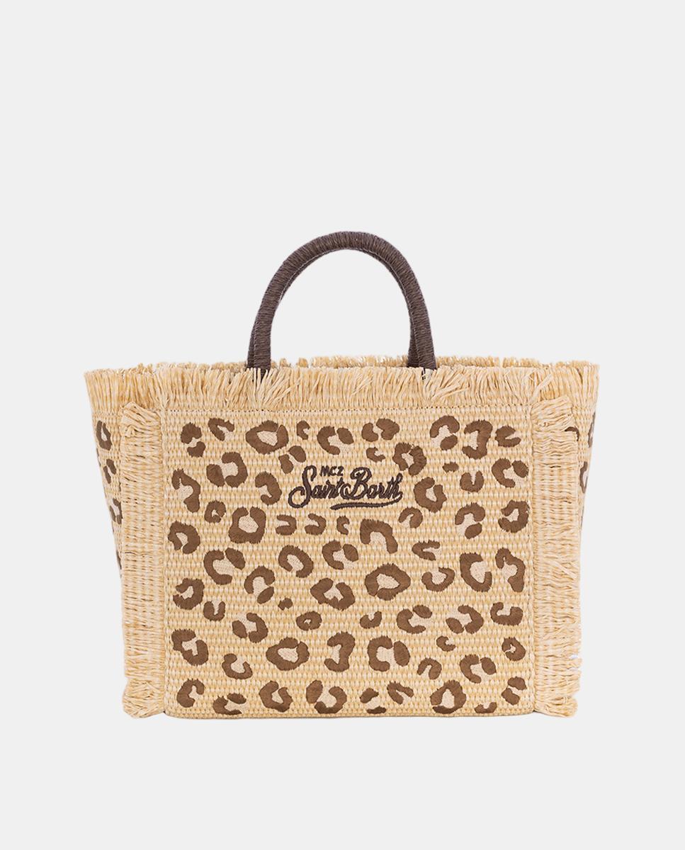 Mala de Mão Média com Alças em Tecido Straw Desfiado nos Extremos com Animal Print Castanho-3