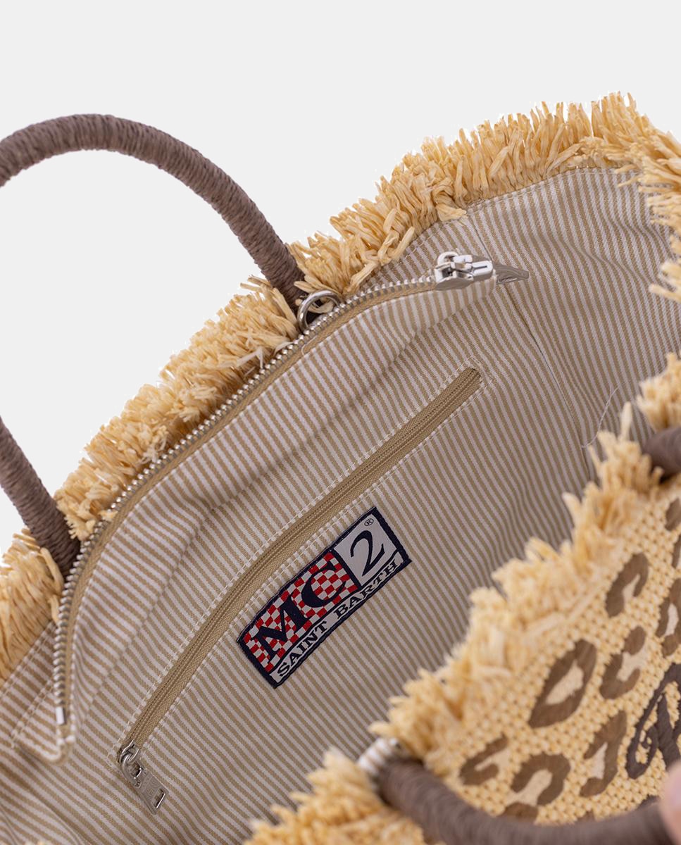Mala de Mão Média com Alças em Tecido Straw Desfiado nos Extremos com Animal Print Castanho-4
