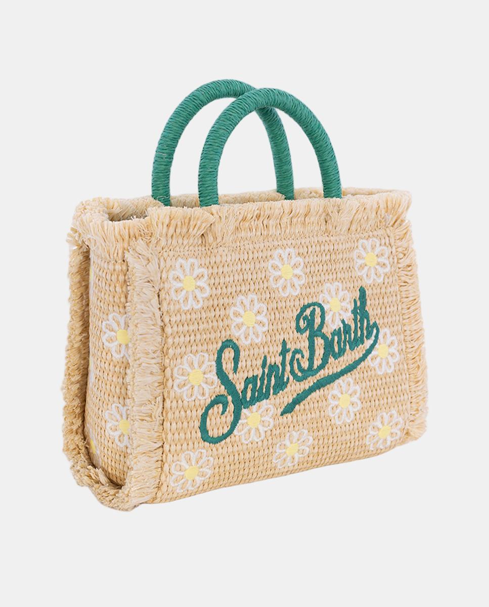 Mala de Mão Mini com Alças em Tecido Straw Desfiado nos Extremos, Estampado Floral e Opção de Alça de Tiracolo Verde-2