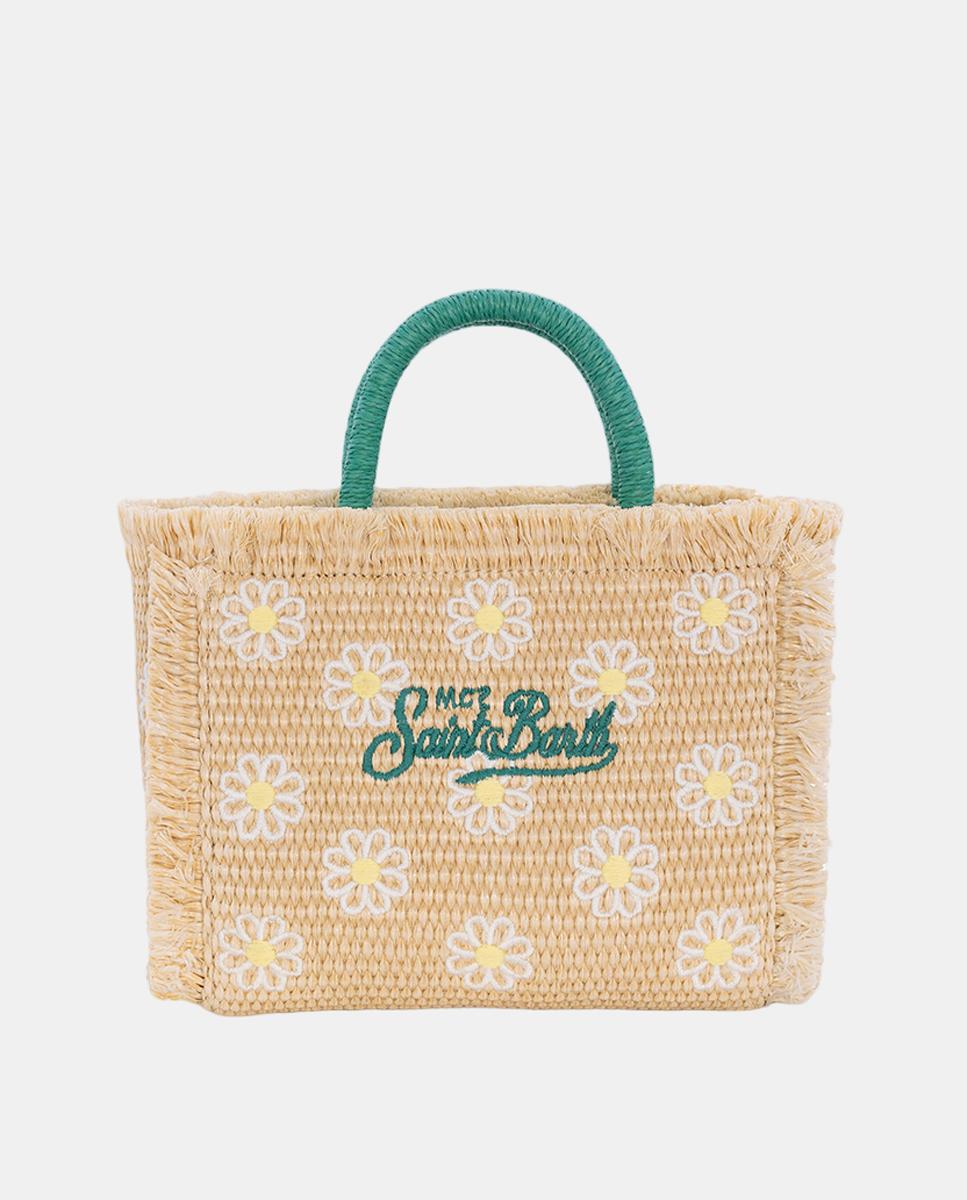 Mala de Mão Mini com Alças em Tecido Straw Desfiado nos Extremos, Estampado Floral e Opção de Alça de Tiracolo Verde-3