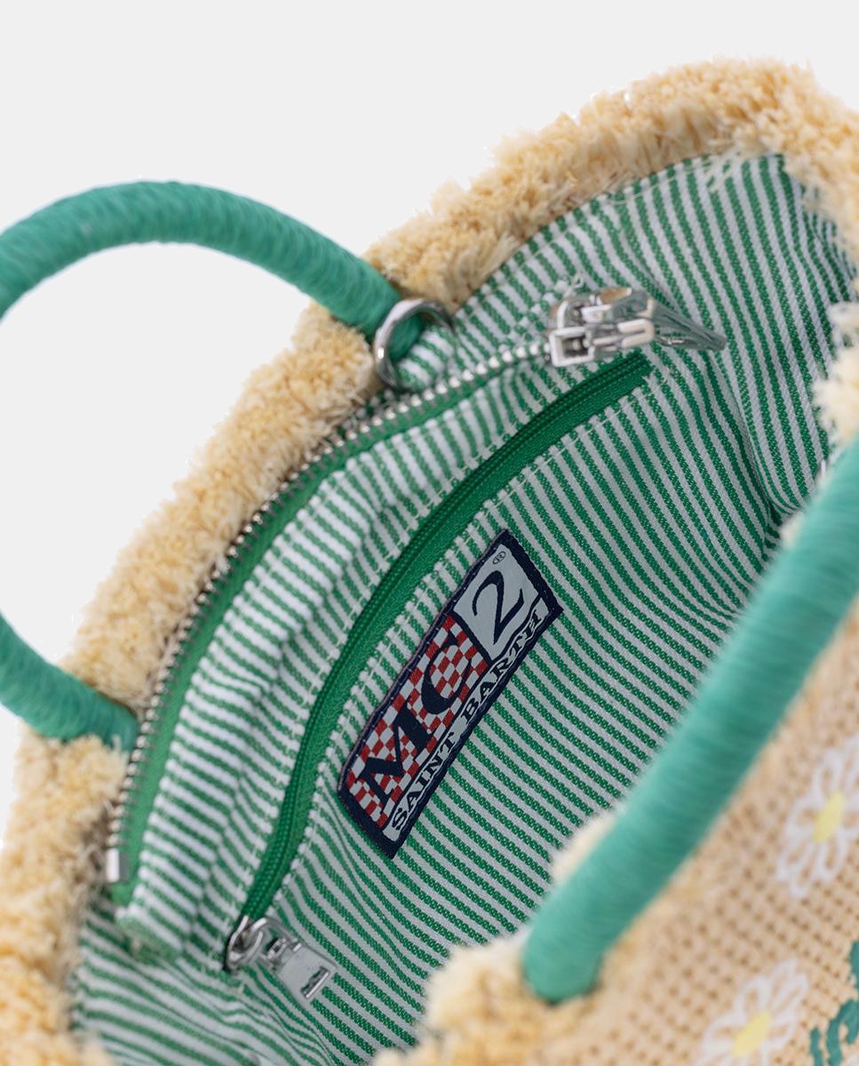 Mala de Mão Mini com Alças em Tecido Straw Desfiado nos Extremos, Estampado Floral e Opção de Alça de Tiracolo Verde-4