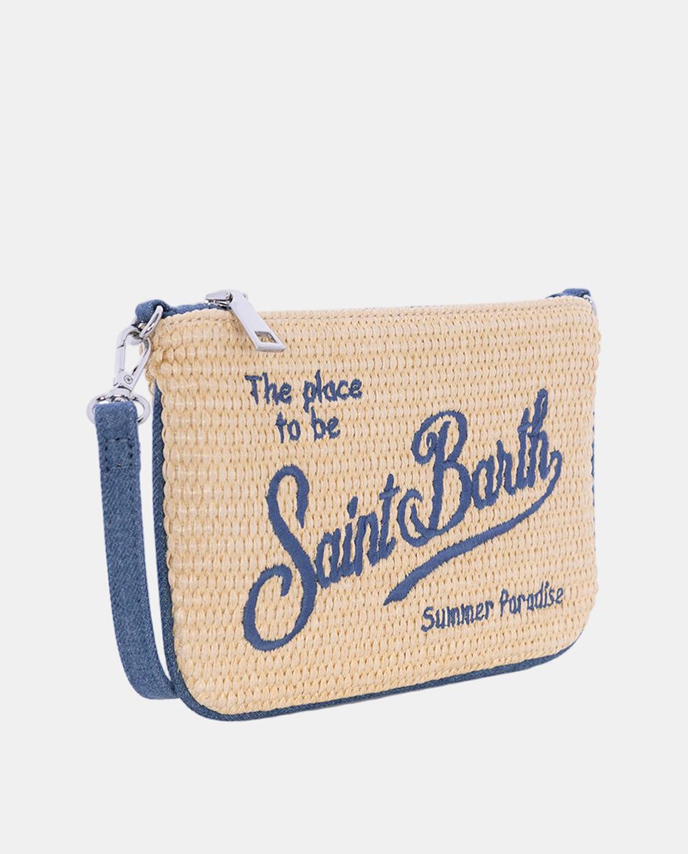 Mala de Ombro Estilo Clutch com Alça de Tiracolo em Tecido Straw com Alça e Logótipo Azul-2