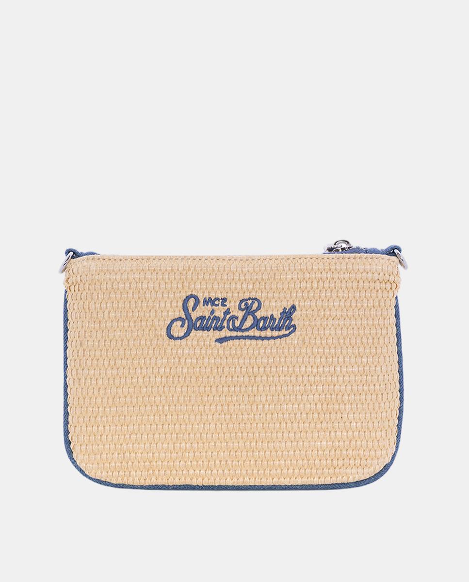 Mala de Ombro Estilo Clutch com Alça de Tiracolo em Tecido Straw com Alça e Logótipo Azul-3