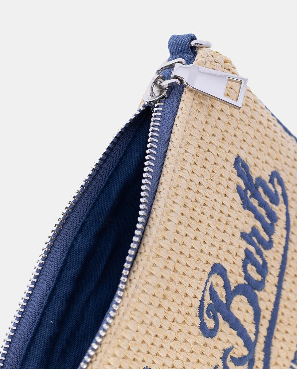 Mala de Ombro Estilo Clutch com Alça de Tiracolo em Tecido Straw com Alça e Logótipo Azul-4