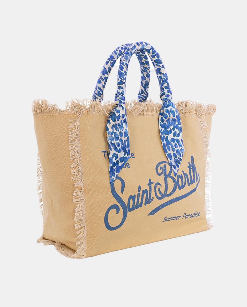 Mala Grande em Tecido de Lona com Alças de Mão Decoradas com Écharpe de Animal Print Bege-2