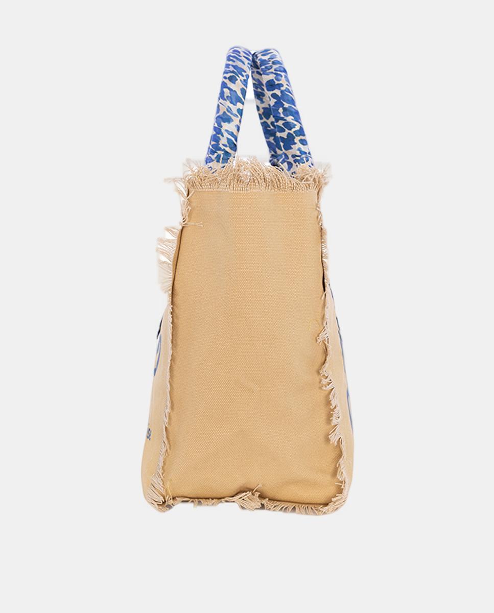 Mala Grande em Tecido de Lona com Alças de Mão Decoradas com Écharpe de Animal Print Bege-3