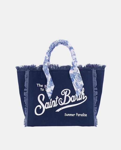 Bolso grande tejido canvas con asas de mano decoradas con foulard estampado jungla