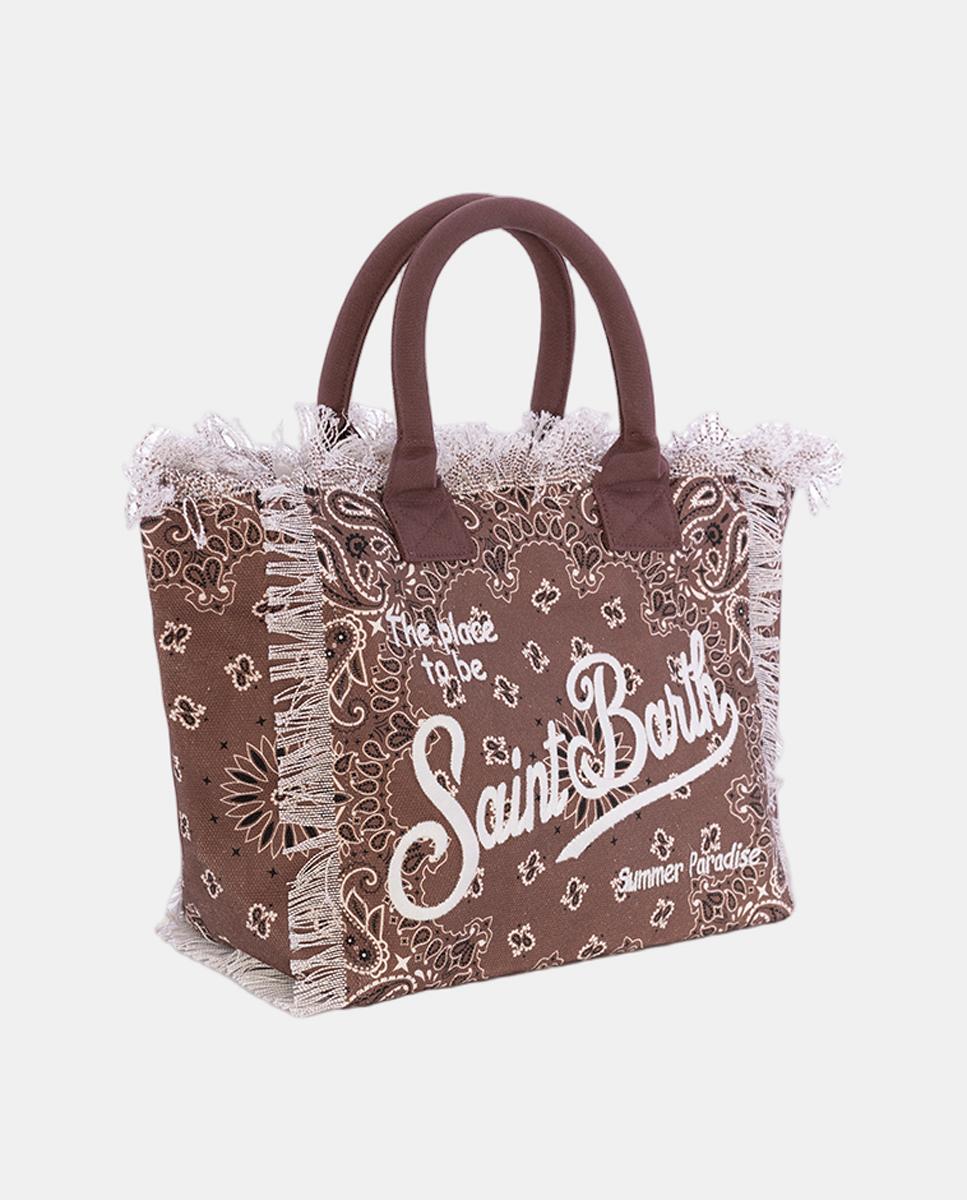 Mala Grande em Tecido de Lona com Alças de Mão, Estampado de Bandana e Franjas na Parte Superior Castanho-2