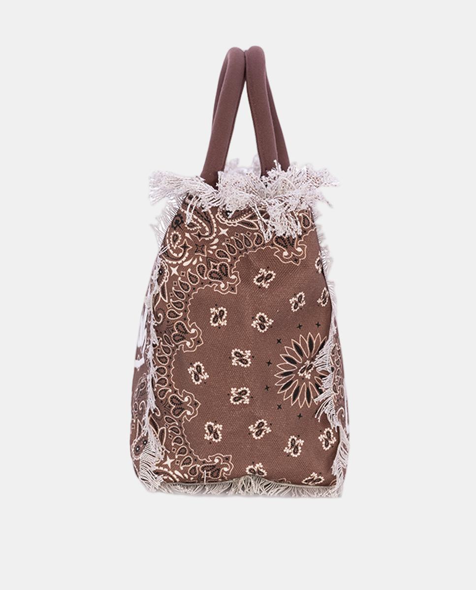 Mala Grande em Tecido de Lona com Alças de Mão, Estampado de Bandana e Franjas na Parte Superior Castanho-3