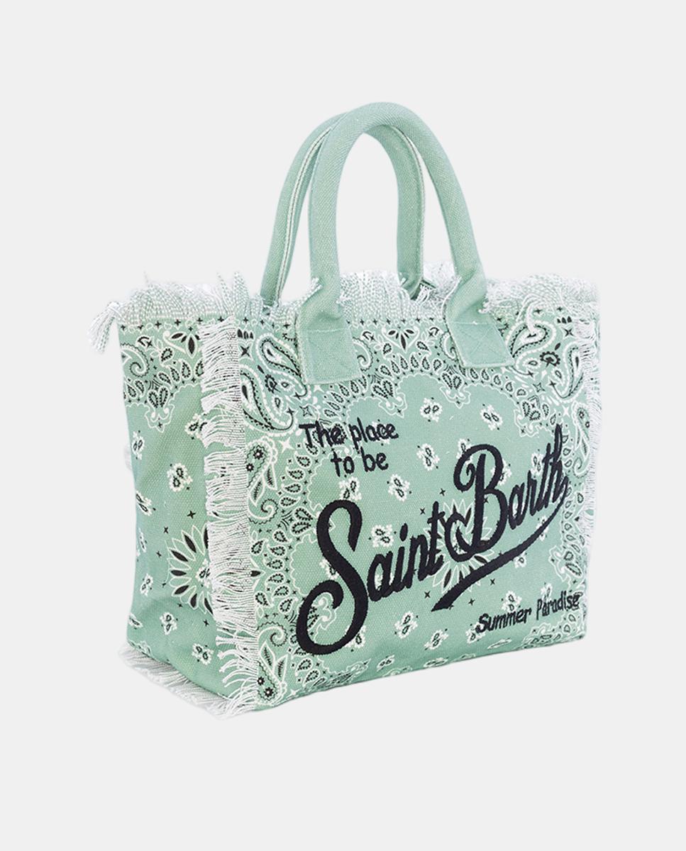 Mala Grande em Tecido de Lona com Alças de Mão, Estampado de Bandana e Franjas na Parte Superior. Verde-claro-2
