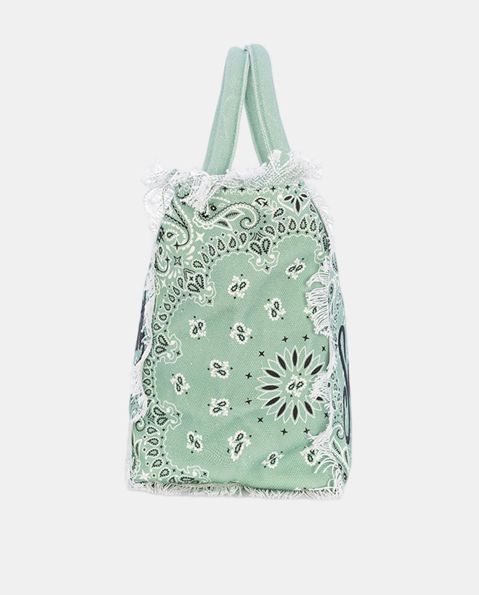 Mala Grande em Tecido de Lona com Alças de Mão, Estampado de Bandana e Franjas na Parte Superior. Verde-claro-3