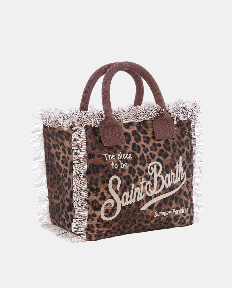 Mala Média em Tecido de Lona com Alças de Mão e Logótipo em Contraste, Animal Print e Franjas na Parte Superior Castanho-escuro-2