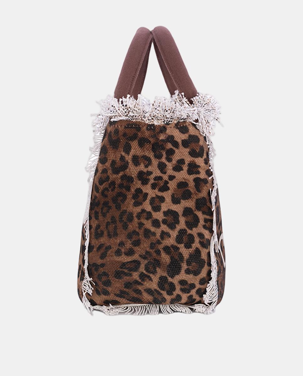 Mala Média em Tecido de Lona com Alças de Mão e Logótipo em Contraste, Animal Print e Franjas na Parte Superior Castanho-escuro-3