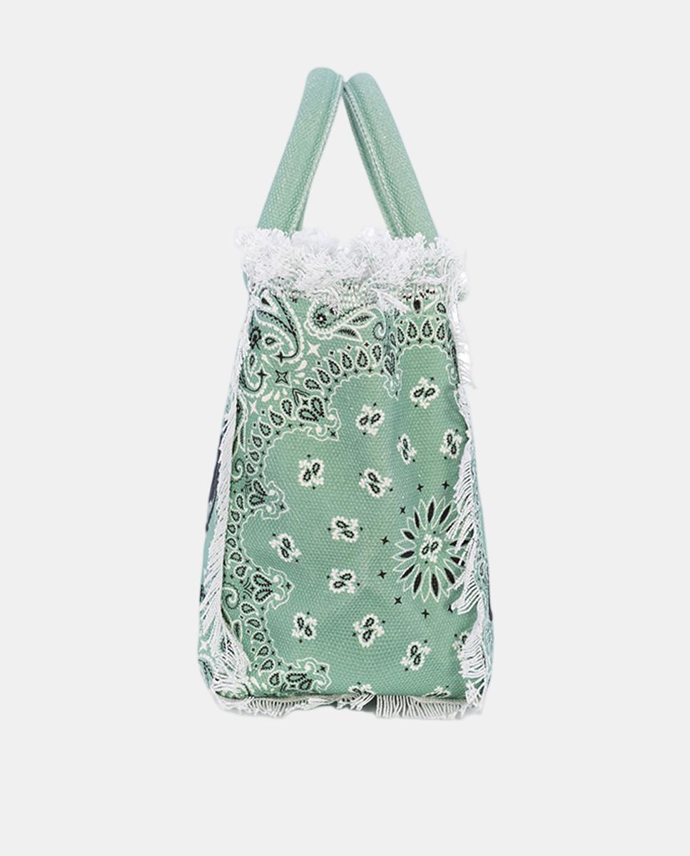 Mala Média em Tecido de Lona com Estampado de Bandana, Alças de Mão, Logótipo em Contraste, Alça a Tiracolo e Franjas na Parte Superior Verde-claro-3