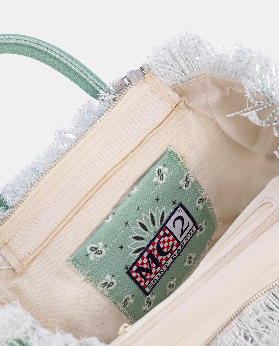 Mala Média em Tecido de Lona com Estampado de Bandana, Alças de Mão, Logótipo em Contraste, Alça a Tiracolo e Franjas na Parte Superior Verde-claro-4