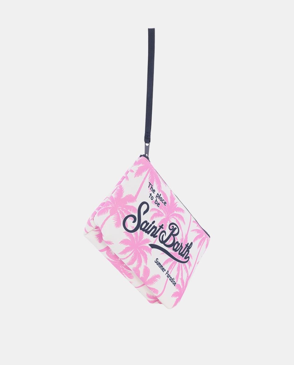 Nécessaire em Tecido de Neopreno com Estampado de Palmeiras, Fecho de Correr e Logótipo à Frente Rosa-3