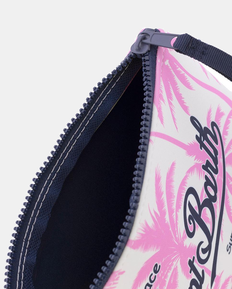 Nécessaire em Tecido de Neopreno com Estampado de Palmeiras, Fecho de Correr e Logótipo à Frente Rosa-4
