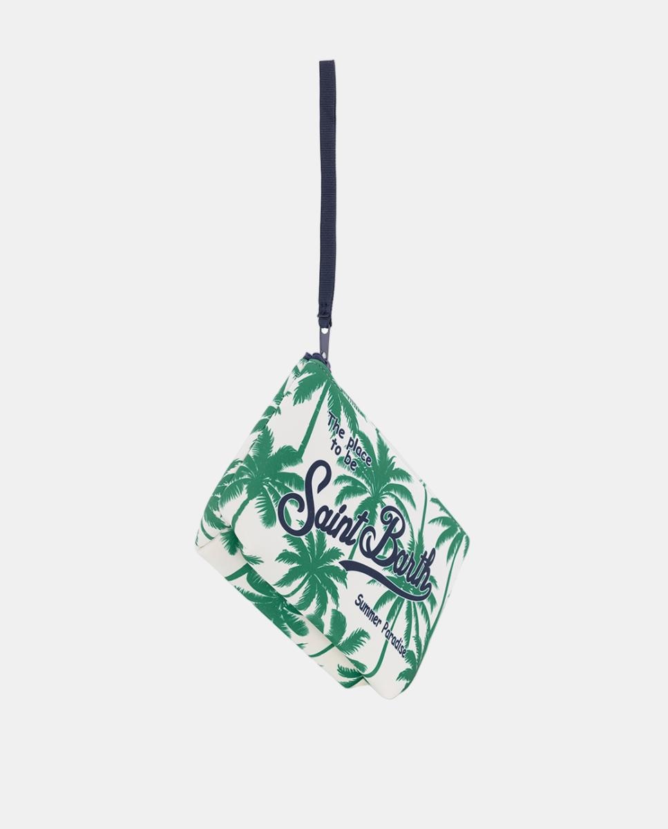 Nécessaire em Tecido de Neopreno com Estampado de Palmeiras, Fecho de Correr e Logótipo à Frente Verde-3