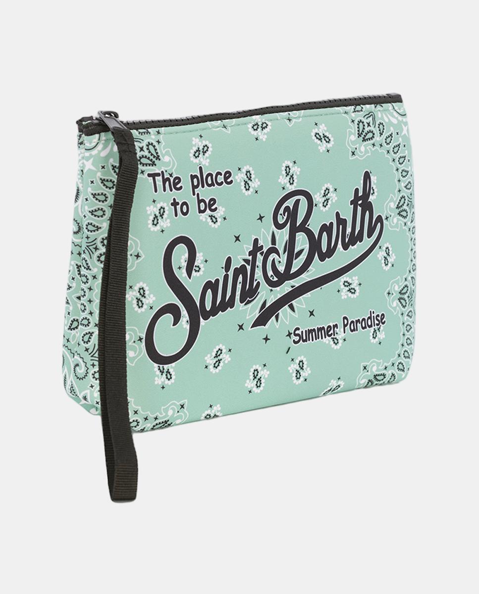 Nécessaire em Tecido de Neopreno com Estampado de Bandana, Fecho de Correr e Logótipo à Frente Verde-claro-2
