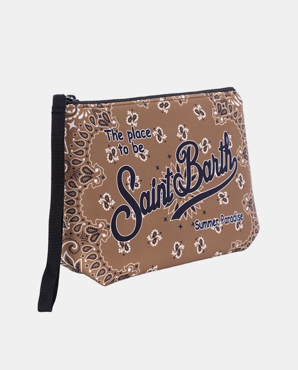 Nécessaire em Tecido de Neopreno com Estampado de Bandana, Fecho de Correr e Logótipo à Frente Castanho-2