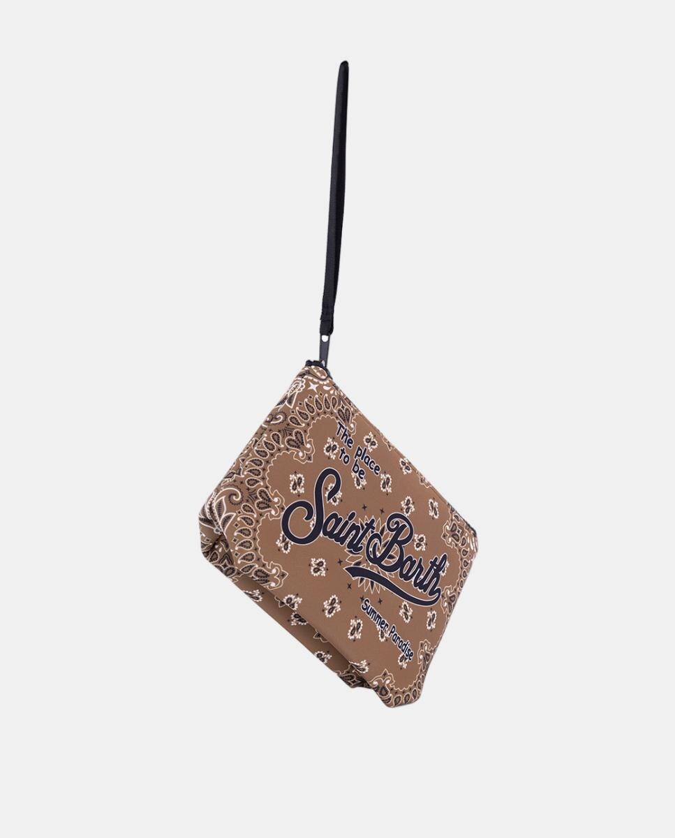 Nécessaire em Tecido de Neopreno com Estampado de Bandana, Fecho de Correr e Logótipo à Frente Castanho-3