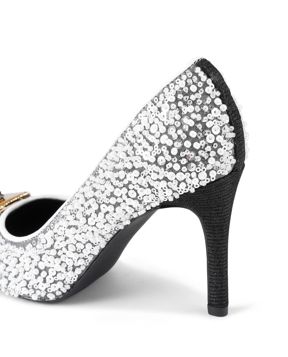 Sapatos de Salto em Tecido com Missangas Branco-3