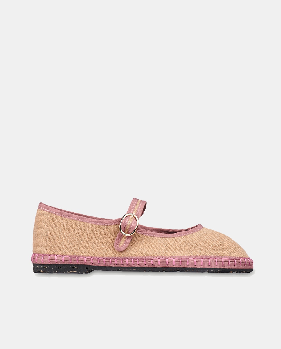 Sapatos de Presilha Dora em Linho com Fivela Bege-1
