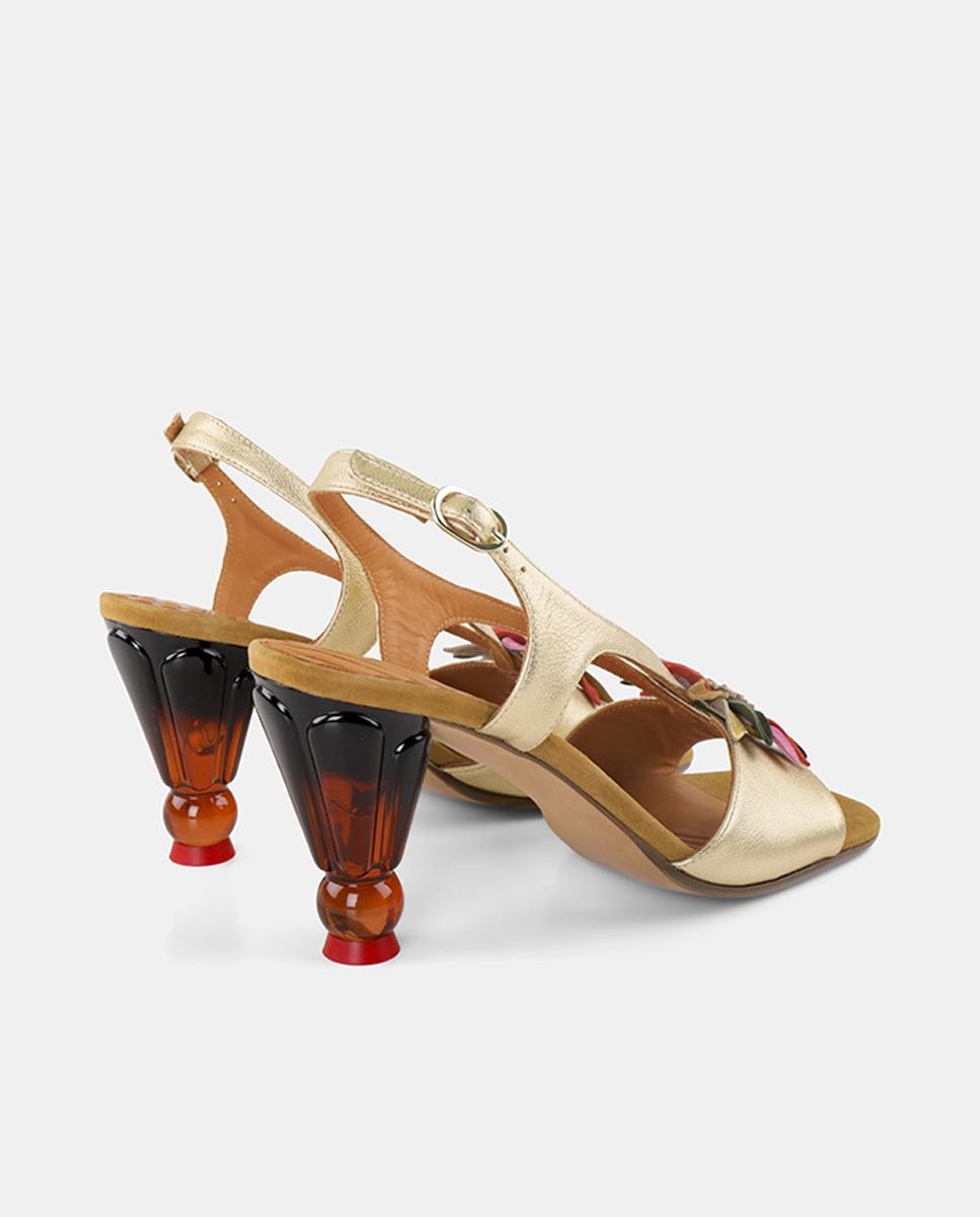 Sandálias em Pele com Flor Multicolor e Salto de 70 mm - Champanhe Prata-3