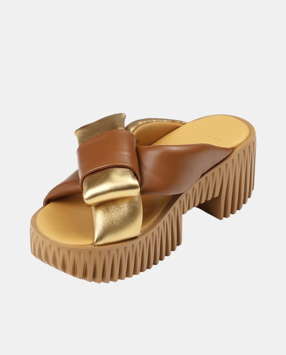Sandálias em Pele com Plataforma Cruzada e Laço de Adorno na Parte Superior Ouro-5
