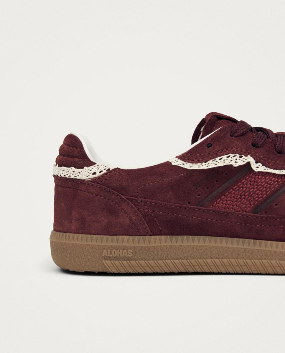 Sapatilhas de Couro com Detalhes em Crochet Vermelho/Grená-4