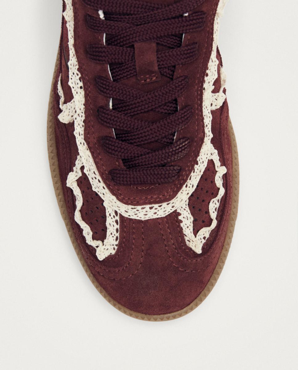 Sapatilhas de Couro com Detalhes em Crochet Vermelho/Grená-5