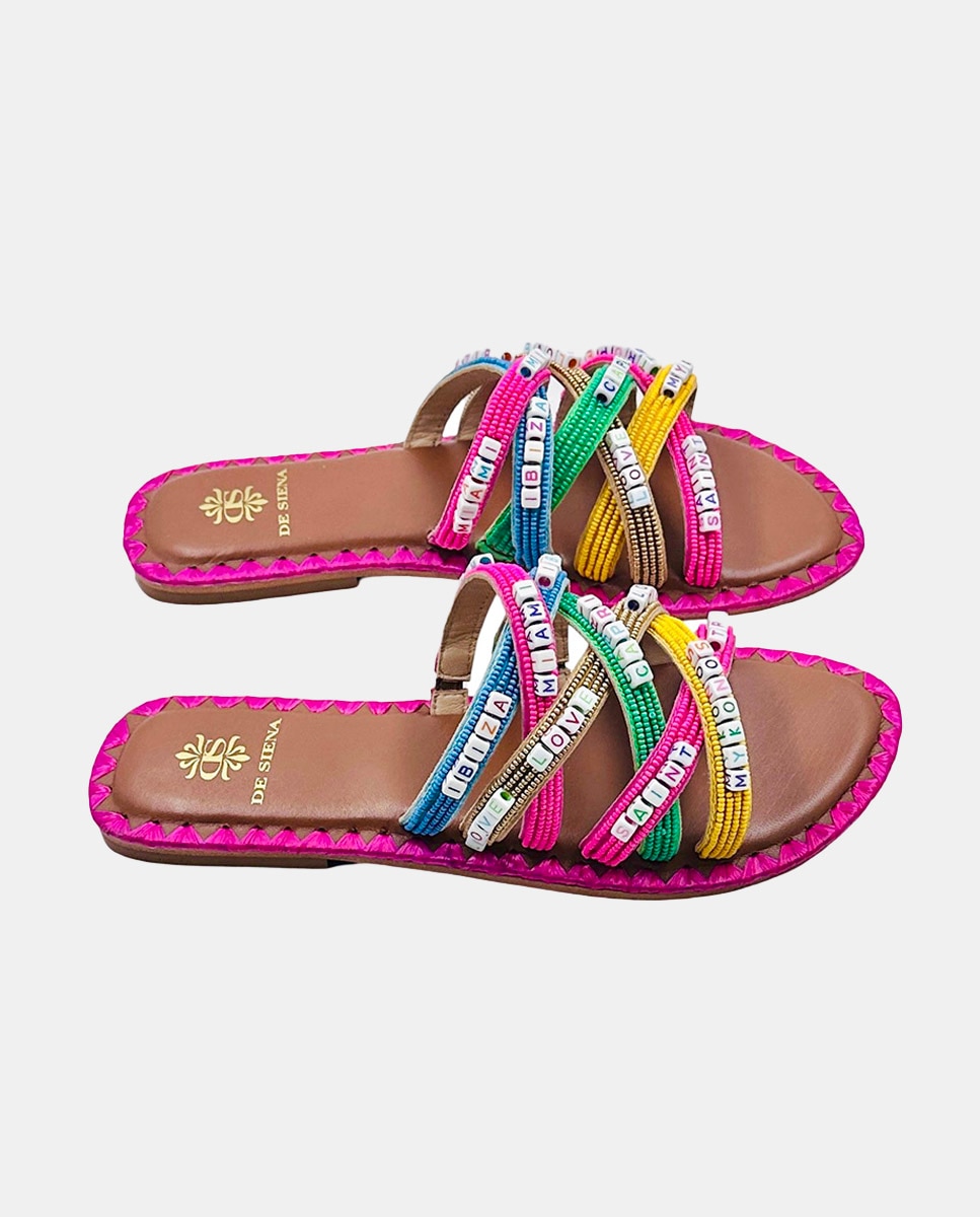 Sandálias Rasas em Algodão com Atacadores e Decoradas com Missangas Multicolor-2