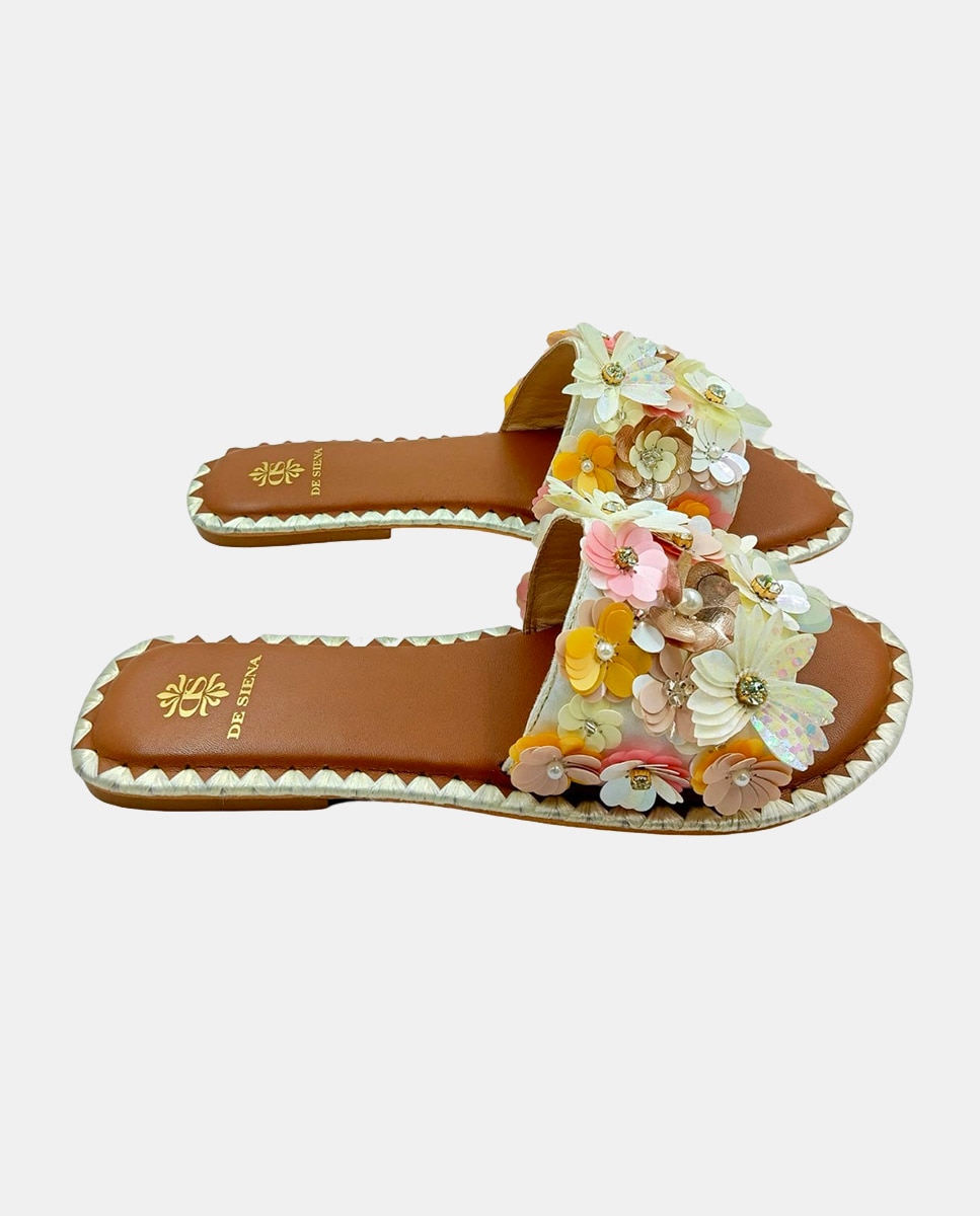 Sandálias Rasas com Fita de Viscose Decorada com Flores Natural-2