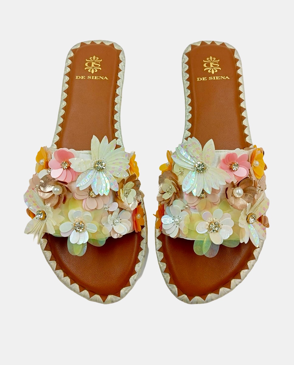 Sandálias Rasas com Fita de Viscose Decorada com Flores Natural-3