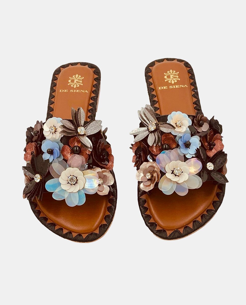Sandálias Rasas com Fita de Viscose Decorada com Flores Castanho-chocolate-3