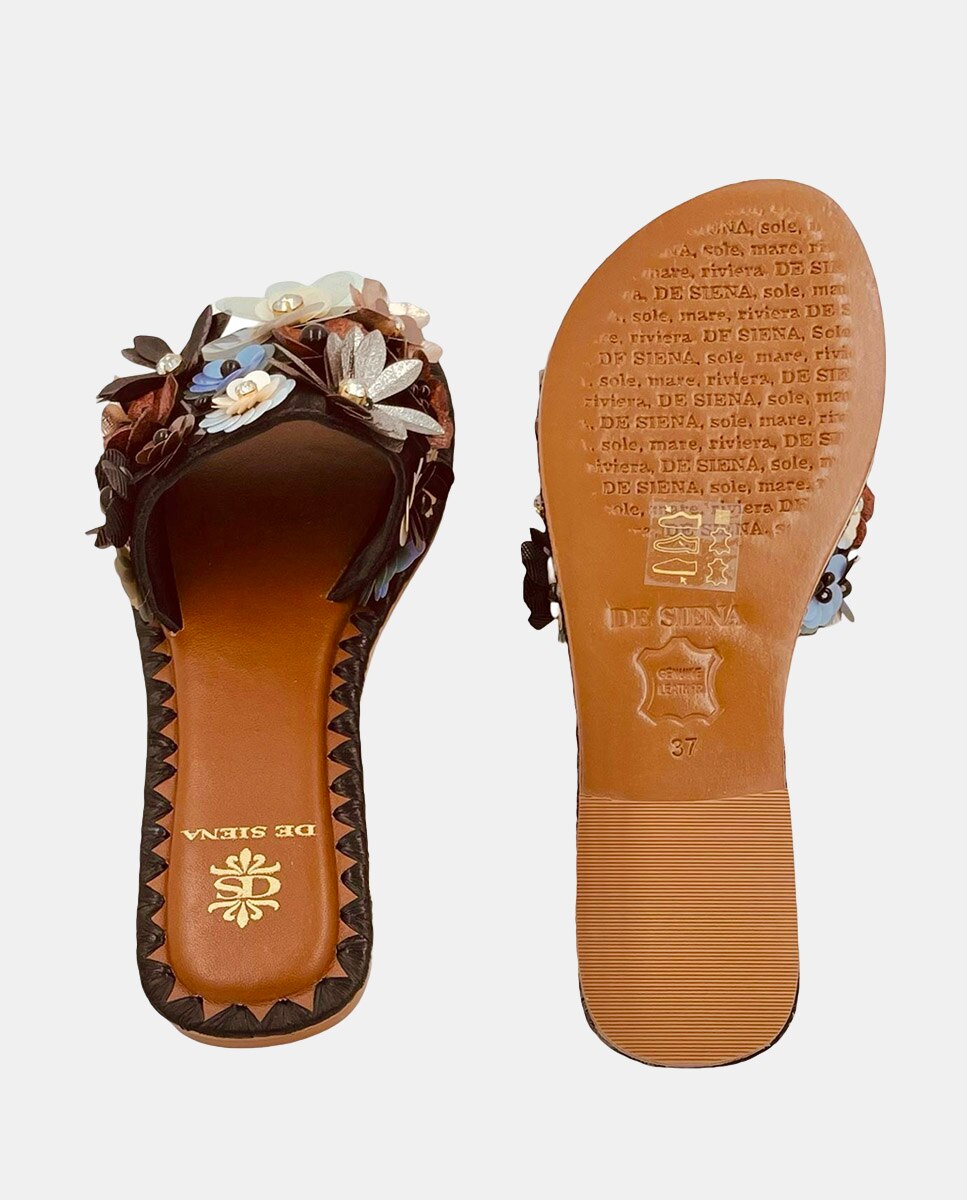 Sandálias Rasas com Fita de Viscose Decorada com Flores Castanho-chocolate-4