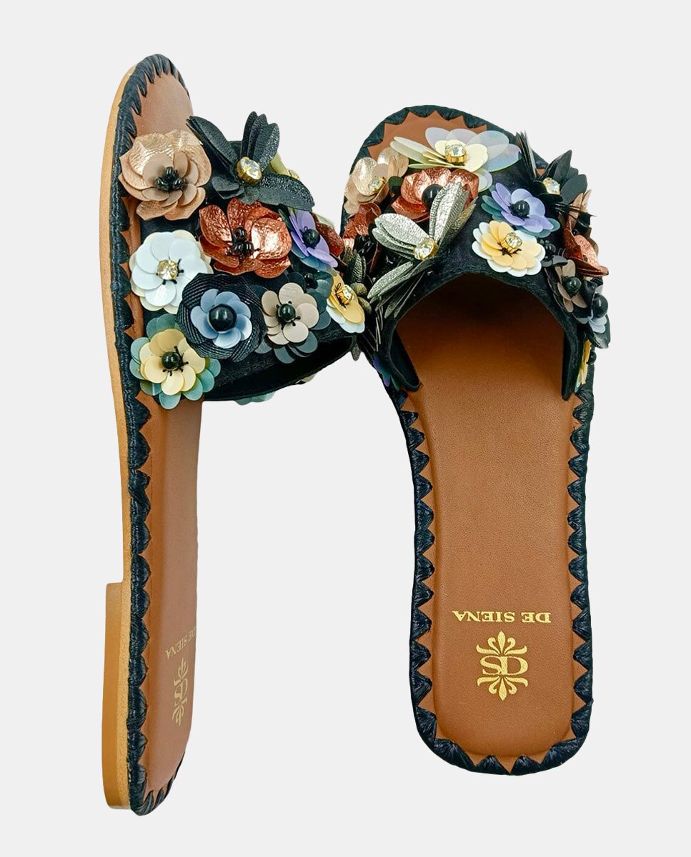 Sandálias Rasas com Fita de Viscose Decorada com Flores Castanho-chocolate-5