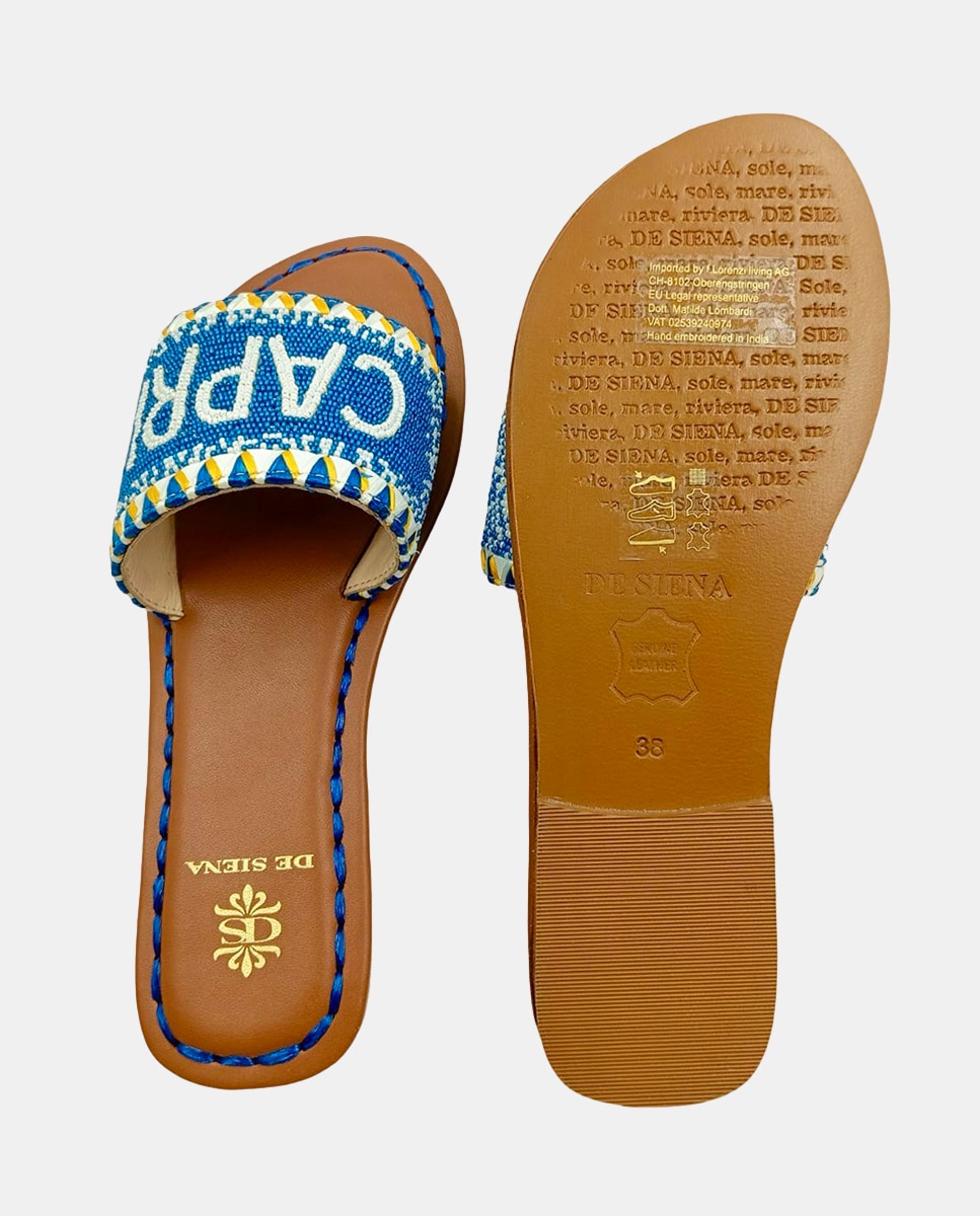 Sandálias Rasas com Fita de Algodão Decorada com Missangas e Bordado de Ráfia Azul-marinho-4