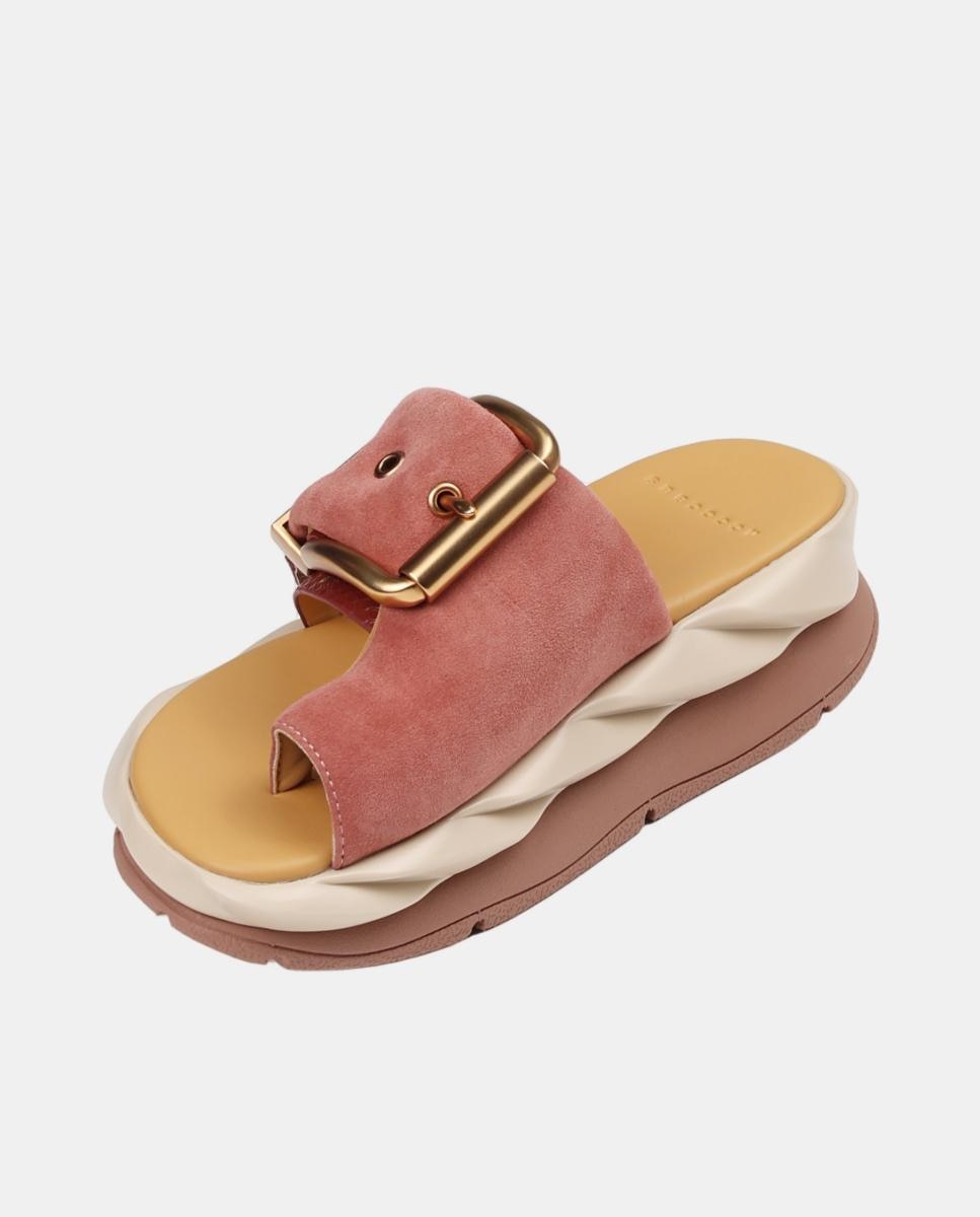 Sandálias em Pele com Plataforma e Adorno de Fivela Rosa Blush-5