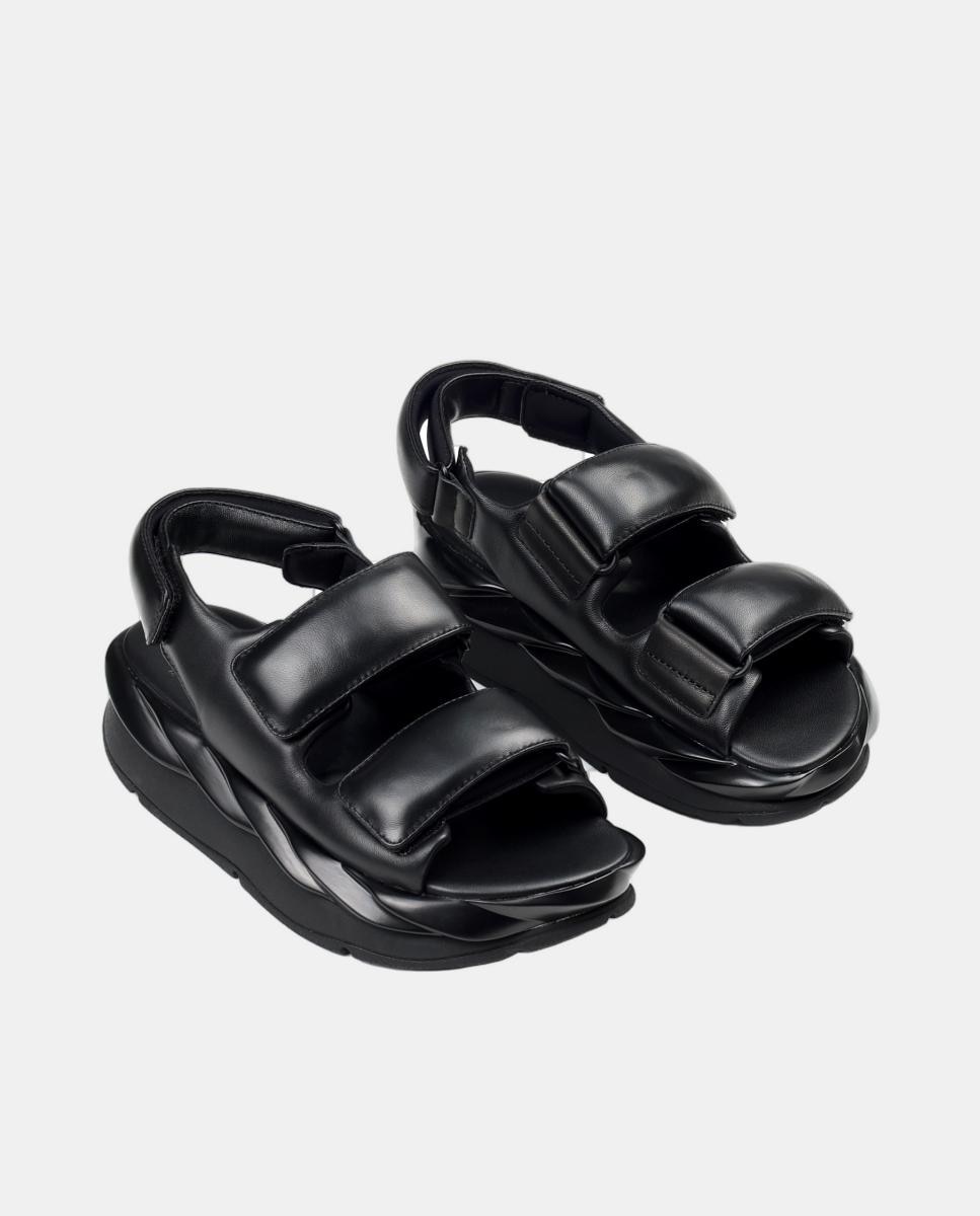 Sandálias em Pele com Plataforma e 2 Fechos de Velcro Preto-4