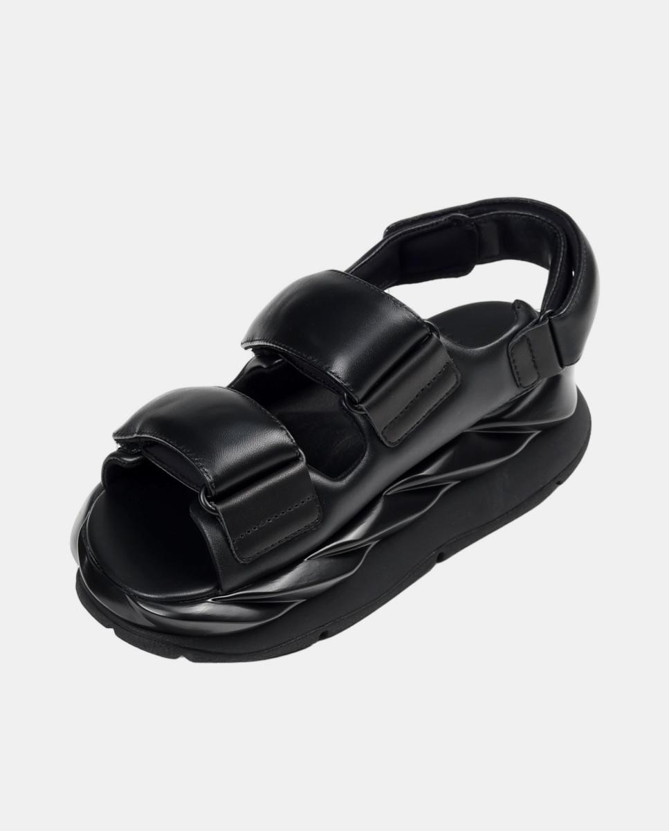Sandálias em Pele com Plataforma e 2 Fechos de Velcro Preto-5